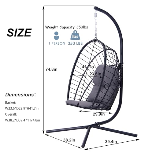 Topfuca Indoor/Outdoor Egg Hanging Chair with Stand - Patio Wicker Swing Hammock Chair. 350lbs Capacity, Cushioned. Ideal for Bedroom, Balcony, Porch, Garden. Versatile Swing Chair for All Spaces
