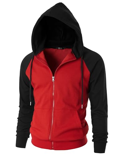 GIVON Men's Zip Up Hoodie Lightweight Baseball Raglan Hooded Sweatshirt / DCF017-REDBLACK-S