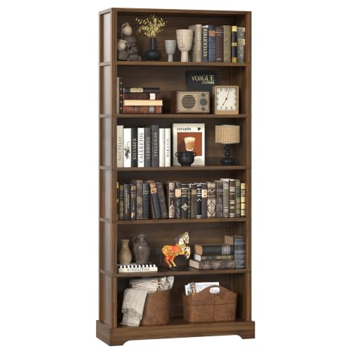 Image of TVU 6 Tiers Wooden Bookshelf, 77.2 inch Tall Farmhouse Style Open Bookcase, 31.5 inch Wide Standing Book Shelf with Storage for Study Room, Living Room, Walnut Brown