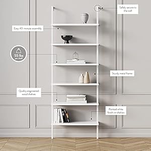 Nathan James Theo 6-Shelf Tall Modern Bookshelf, Wall Mount Ladder Shelf Bookcase with Wood and Industrial Metal Frame, Matte White Nathan James Theo 6 Shelf Tall Modern Bookshelf Wall Mount Ladder Shelf Bookcase with Wood and Industrial Metal Frame Matte White