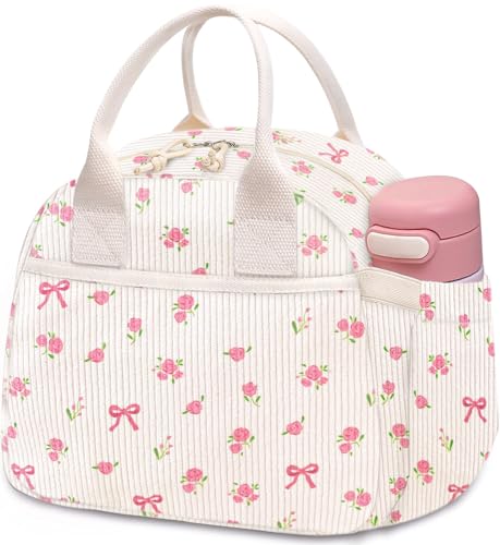 Carry bloom Lunch Box for Women, Insulated Lunch Bag Cute Corduroy Lunchbag Reusable Lunchbox for Work (flower bow beige)