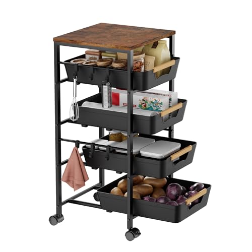 Landmok 5-Tier Kitchen Storage Cart, Wood Top Rolling Cart Organizer with Pull-Out Baskets & Wheels, Metal Snack Carts with Holder for Fruit, Vegetable, Microwave, Kitchen, Pantry, Black by Landmok - Used condition - CA$41.99