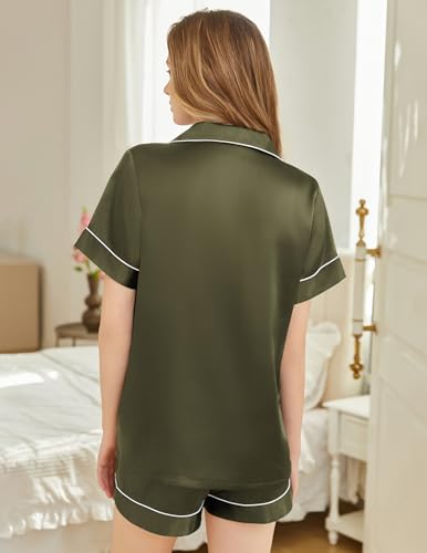 Image of Silk Pajamas for Women Short Sleeve Sleepwear Soft Button Down Loungewear 2 Piece Satin Pjs Shorts Set S-XXL
