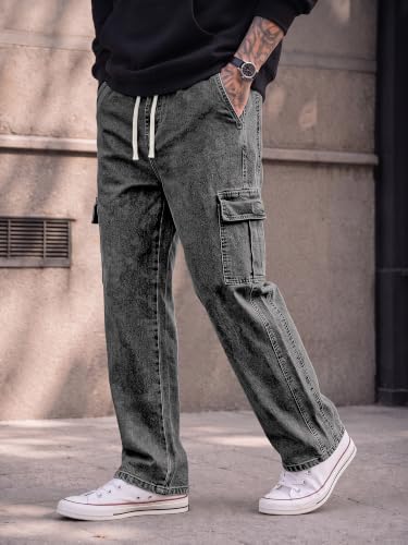 Image of JMIERR Men's Stretch Cargo Jeans Loose Straight | Over 60% Cotton Blend, Stretch Denim, Drawstring Waist, 5-Pocket Design, Loose Straight Fit, Casual Workwear Jeans