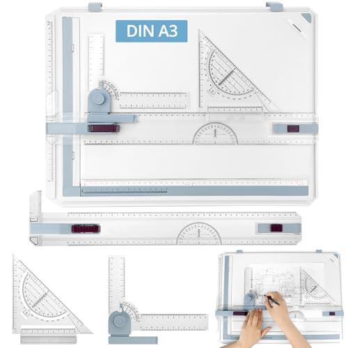 QWORK® Tablero de Dibujo DIN A3, Tablero de Dibujo Multifuncional con Herramientas de Medición y Precisión Ajustables