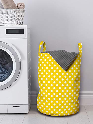 Lunarable Yellow Laundry Bag, Picnic Inspired 50S 60S 70S Themed Polka Dot Retro Spotted Pattern Print, Hamper Basket With Handles Drawstring Closure For Laundromats, 13" X 19", Yellow White #TOP1