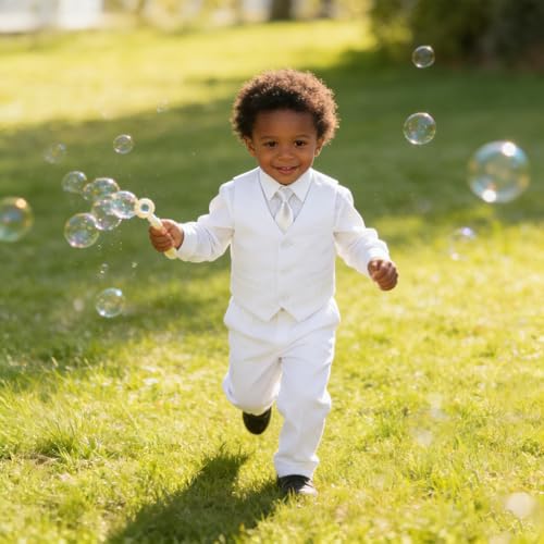 Image of Baby Boy Formal Suit for Toddler Infant Tuxedo Dress Suits | Little Gentleman, Wedding Ring Bearer Outfit, Vest Pants Long-Sleeve Shirt Tie, Birthday Party Christmas Prom, Classic