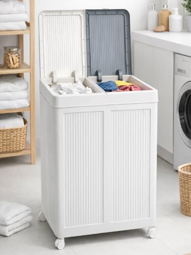 MallArt® Premium Katlanabilir Tekerlekli Çamaşır Sepeti - 100 Litre Çift Bölmeli Çok Amaçlı Düzenleyici, Kapaklı ve Kirli Ayrıştırma Özellikli Banyo ve Ev Saklama Kutusu (Krem) - Görsel 6