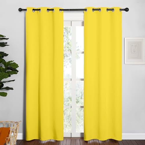 Image of NICETOWN Window Curtain Panels, Thermal Insulated Solid Grommet Draperies /Drapes for Basement (Bright Yellow, 1 Pair, 34 by 84-inch)