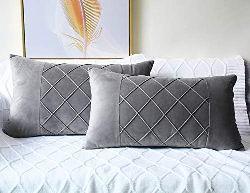 Lutanky Velvet Cushion Covers Grey Decorative Rectangle Throw Pillow Cases Patchwork Design Soft Pillow Covers for Sofa Bedroom Home Accessories 12x20 Inch 30 x 50 cm (Pack of 2)