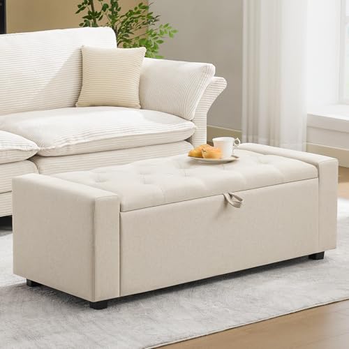 PoteSoar 49'' Ottoman with Storage, Storage Ottoman Bench with Dual Safety Hinges, Button Tufted Upholstered Foot of Bed Bench for Bedroom, Entryway & Living Room, Holds up to 330lb (Beige)