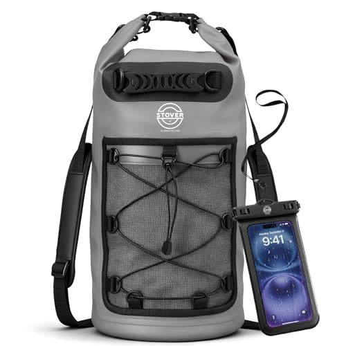 STOVER 5/10/25/30/40/55L Waterproof Dry Backpack & Phone Case- Large Floating Dry Bag for Kayaking, Travel, Hiking, Fishing, Camping, Motorcycles & Beach, Heavy-Duty Roll Top Men/Women (Grey)