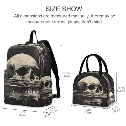 Backpack Lunch Bag Set Floating Skull Print, Big Storage Travel Backpacks with Insulated Lunch Box for Office Hiking Picnic2