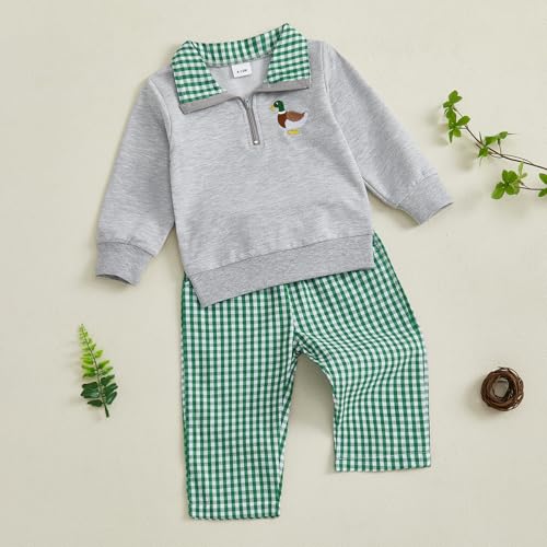 Gueuusu Toddler Baby Boy Girl Hunting Outfit Mallard Duck Embroidery Quarter Zip Collared Shirt Plaid Pants Set Clothes2