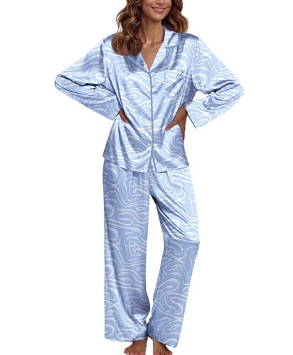 Image of Ekouaer Pajamas For Women Set Silk Pjs 2 Piece Satin Sleepwear Long Sleeve Button Down Lounge Sets With Pant