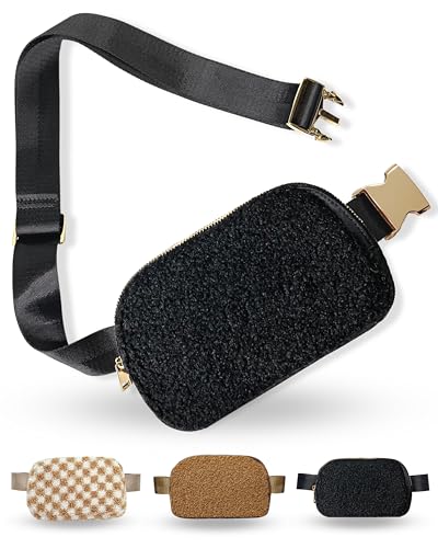 Boutique Fleece Belt Bag | Sherpa Crossbody Bag Fanny Pack for Women Fashionable | Everywhere Waist Pack | Small Fashion Travel Chest Bag (Small Strap Length Black Fleece)