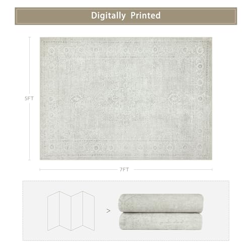 Washable Rugs 5x7 Area Rugs for Living Room,Bedroom,Large Carpets,Ultra Soft Faux Wool Retro Dining Room Rug,Non Slip&Non-Shedding Low Pile Vintage Rugs for Home Office,Concrete Grey