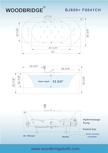WOODBRIDGE 72" x 35-3/8" Whirlpool and Air Bath Heated Soaking Combination Tub with Adjustable Speed Air Blower, Tub Filler and Display Control Panel, White, BJ600+F0041CH