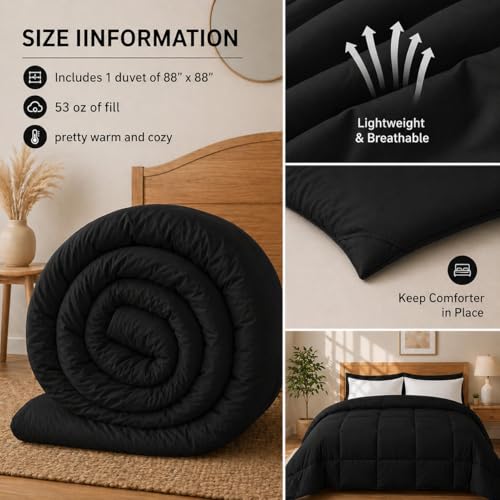 Image of Luxury Hotel Collection Cotton Comforter | All-Season Lightweight Quilt for Hot Sleepers | Plush, Breathable & Box-Stitched (Queen) Black