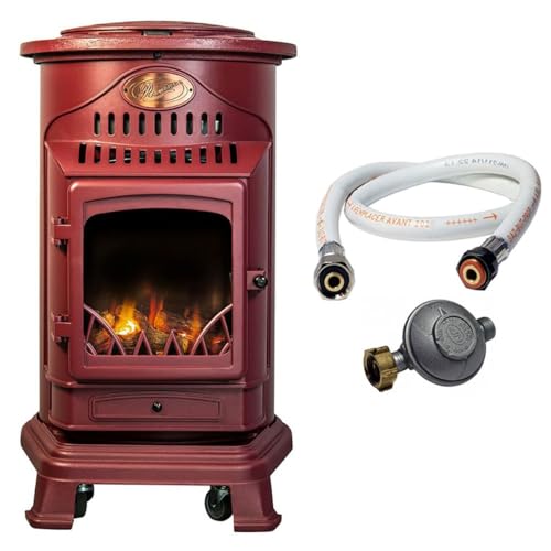 Universal - Poêle à gaz Provence 3,4 KW Rouge Effet poêle à Bois Fonte véritable Chauffage d'appoint + Tuyau gaz et détendeur