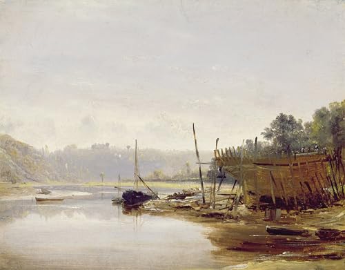 Cuadro en lienzo Costruzione di barche vicino a Dinan pintura decorativa horizontal 60x90cm