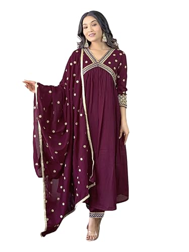 Image of Naixa Women's Vichitra Silk Embroidered A-Line Kurta with Pant and Dupatta Sets (NK-442)
