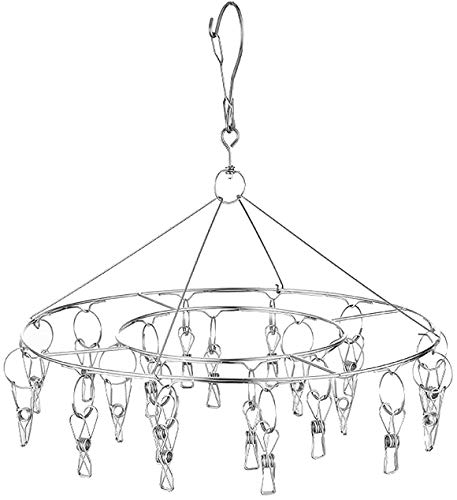 Image of CenYouful Stainless Steel Round Hanging Drying Rack with 20 Clips for Drying Socks, Baby Clothes, Bras, Towel, Underwear, Hat, Scarf, Pants, Gloves