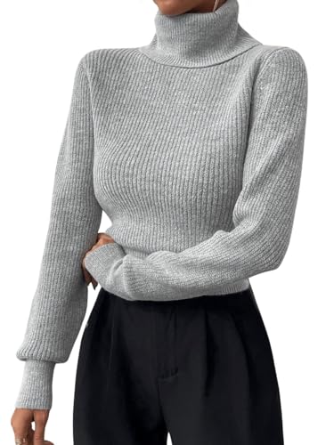 MakeMeChic Women's Turtleneck Ribbed Knit Long Sleeve Slim Fit Casual Pullover Sweater Tops