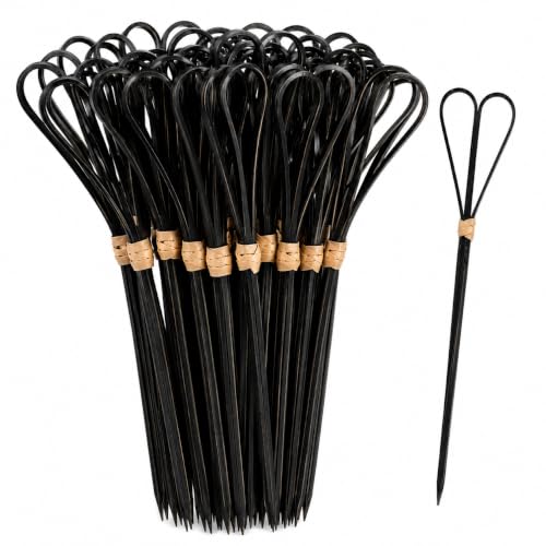Image of Somani Decorative Bamboo Cocktail Picks Black Heart Loop | Bamboo Strip Heart Topper Food Picks for Appetizers, Drinks & Garnish | Cafe, Lounge, Bakery, Catering & Home Entertaining | Pack of 100