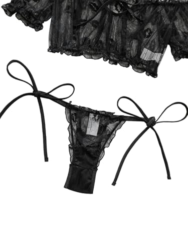Image of Lilosy Sexy Stretch Ruffle Tie Sheer Mesh Lingerie Set Outfits