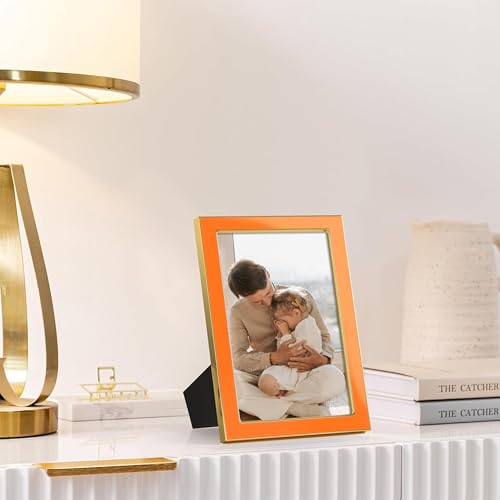 Image of eletecpro 4x6 Enamel Picture Frame with Real Glass Cover, Cute Photo Frame with Gold Metal Edge, Horizontal and Vertical Display Pictures 4 by 6 for Tabletop and Wall Decor, Orange, 1 Pack