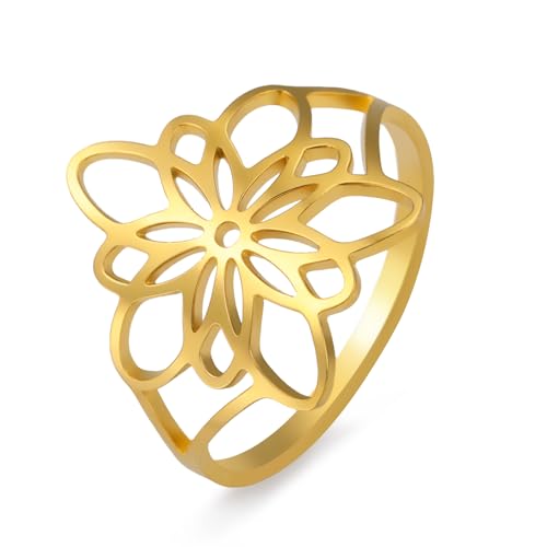 TEAMER Bohemian Flower Of Life Ring Stainless Steel Elegant Filigree Flower Ring Wedding Band Ring Exquisite Jewelry For Women