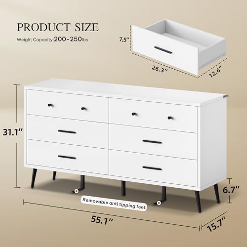 DWVO White 6 Drawers Dresser/Modern Wood Dresser Chest of Drawers with Black Metal Handle&Anti-Tipping Device/Modern Double Drawer Storage Cabinet for Entryway/Living Room-15.7" Dx55.1 Wx31.1 H