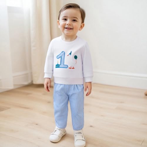 GOOCHEER Baby Boy First Birthday Outfit 1 Goose/Balloon Long Sleeve Sweatshirt Top Plaid Pants One Year Old Birthday Clothes2