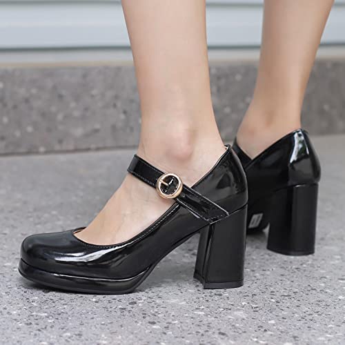 Elbslutt Women's Patent Leather Chunky Mary Janes Platform Square Toe High Block Heels Ankle Strap Pumps4