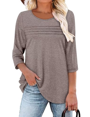 KISSMODA Women's Casual 3/4 Sleeve T-Shirts Round Neck Cute Tunic Tops Basic/Pleated Summer Tops Trendy Spring Blouses