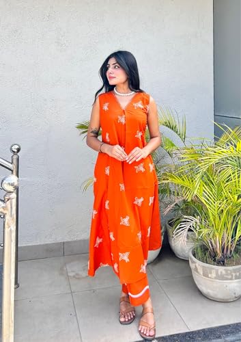 Image of MOKOSH Women's Cotton Embroidered & Hand Work Kurta Pant Set | Co-ords Set | Embroidery & Hand Work | Indian Kurta Outfit With Pant |2 Piece Outfit | V Neck Sleeveless