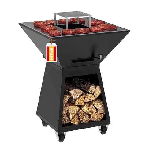 Barbecue a Legna Quadrato Professionale con Braciere con mattoni refrattari, Plancha 72x72 cm, h 97cm 4 Ruote e Ampio Portalegna - MADE IN SPAIN
