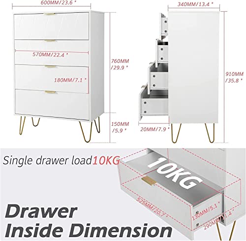 UEV White 4 Drawer Dresser for Bedroom, Tall Dresser with Large Drawer & Golden Handles, Wooden Modern Storage Cabinet Chest of Drawer forLiving Room,Closet,Hallway(White