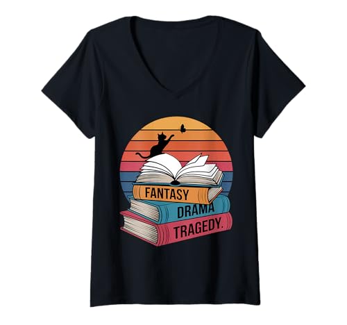 Femme Fantasy Drama Tragedy Cat Book Nerd Reading Lover Littéraire T-Shirt avec Col en V