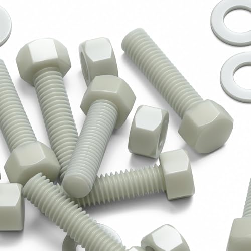 Image of 50x Natural PA66 50% Glass-Fibre Hex Head Plastic Bolts, Nuts & Washers, M5 x 20 mm, (13 /64 x 25 /32 in)