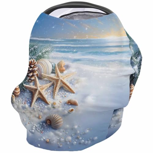 Nursing Cover for Breastfeeding Scarf, Winter Sea Snow Starfish Shell Pine Needle Baby Car Covers Super Soft Multi Use for Canopy Shopping Cart Cover Blanket Stroller Cover