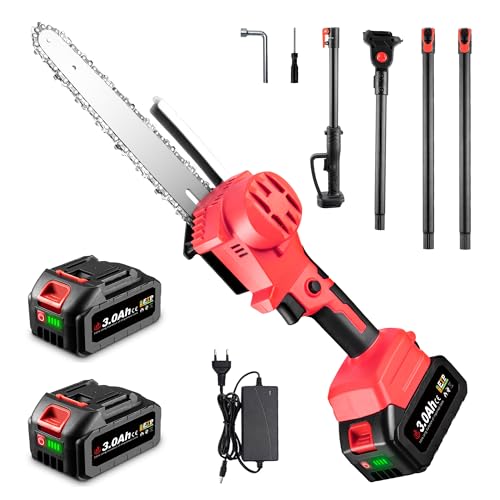 ONEVAN Mini motosierra de 6 pulgadas con batería, 8000 mAh, sin escobillas, sistema automático de aceite, depósito de aceite de 30 ml, sierra de podar 2 en 1 con mango telescópico, incluye correa,