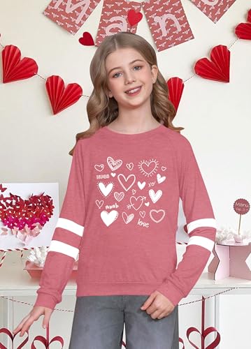 Image of LAZYCHILD Kids Valentine Shirt Girls Valentines Day Shirts Heart Graphic Long Sleeve Striped Tee Tops 5-14 Years