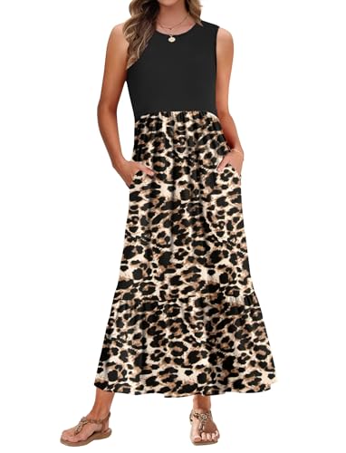 PLMOKEN Sommerkleider Damen Strandkleid Maxikleid - Lang Freizeitkleid Ärmellos leicht und luftig Leicht und Luftig Rundhals Geblümtes Tank Top...