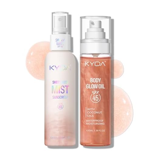 KYDA Kit de protetor solar brilhante, inclui óleo de brilho corporal FPS 45 + spray de protetor solar corporal, conjunto de presente essencial de verão para praia, resistente à água, hidratante, rosa