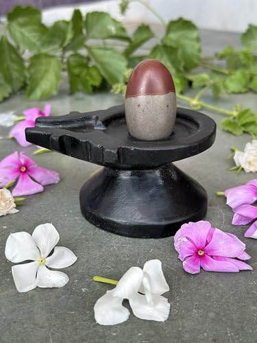 Image of Shivam VASTU AKAL 1.5 inch Original Narmadeshwar Narmada Shivling with 3 inch Narmada Stone Yoni Base Jaladhari (Mahamratunjay Shivling, Black Designer Damru Jaladhari)