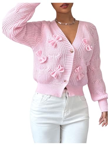 Image of SweatyRocks Women's Crochet Cardigan V Neck Long Sleeve Bow Decorated Button Down Knit Sweater Tops Pink Medium