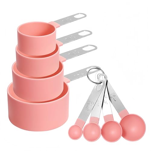 Juego de 8 tazas y cucharas medidoras, incluye 4 tazas medidoras de acero inoxidable y 4 mini cucharas medidoras, mango apilable, cuchara precisa para medir ingredientes secos y líquidos (rosa)