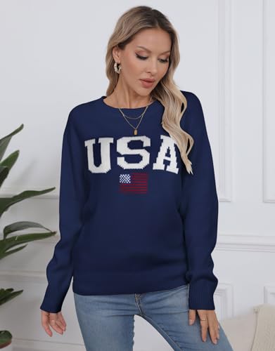 Image of Womens American Flag Sweater Crew Neck Casual Pullover Sweater